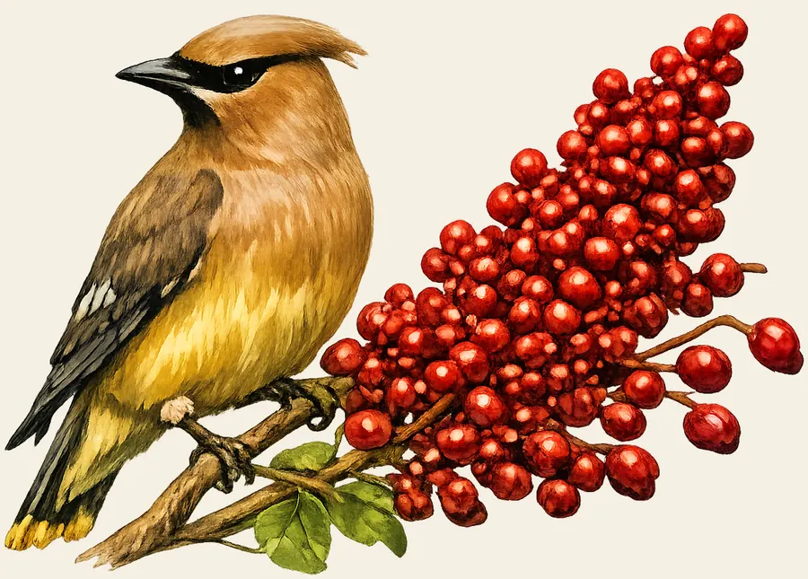 Cedar waxwing songbird perched on winged sumac branch with deep red berry cluster